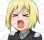  &gt;_&lt; blonde_hair closed_eyes emphasis_lines erica_hartmann eyes_closed fang military military_uniform open_mouth short_hair solo strike_witches uniform youkan 