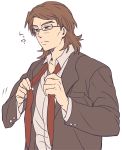  ? alternate_costume bangs bespectacled brown_eyes brown_hair dressing fate/stay_night fate/tiger_colosseum fate_(series) flat_color formal glasses kotomine_kirei male necktie solo suit swept_bangs 