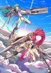  armor athrun1120 cloud dual_wielding green_hair gun long_hair lying mecha_musume multiple_girls original red_hair redhead sky thigh-highs thighhighs weapon 