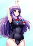  :&lt; alternate_costume armpits arms_up bangs blunt_bangs bow breasts hair_bow impossible_clothes impossible_swimsuit large_breasts long_hair miso_(misosiruoisi) no_hat no_headwear patchouli_knowledge payot purple_eyes purple_hair school_swimsuit sidelocks solo stretch swimsuit touhou violet_eyes 