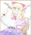  arnest blonde_hair bow brown_eyes chain chains clenched_hand fist gourd grin hair_bow horn_ribbon horns ibuki_suika marker_(medium) ribbon shackle shikishi smile solo touhou traditional_media 