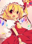  ascot blonde_hair deyu_(aytms) flandre_scarlet flower hat open_mouth red_eyes short_hair side_ponytail solo the_embodiment_of_scarlet_devil touhou wings wrist_cuffs 