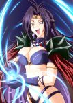  armlet blue_background blue_eyes breasts cape cleavage diesel-turbo earrings gloves headband jewelry large_breasts long_hair magic naga_the_serpent navel open_mouth purple_hair slayers solo 