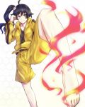  ahoge araragi_karen arm_up asymmetrical_hair barefoot black_hair feet fire foreshortening fried_egg grey_eyes hair_ornament honeycomb hooded_track_jacket inaba-no-kuni-tottori jacket leg_up long_hair monogatari_(series) nisemonogatari perspective shorts side_ponytail smile solo toes 