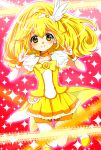  bike_shorts blonde_hair boots bow choker cure_peace double_v dress earrings hair_ornament hairpin highres jewelry kise_yayoi long_hair magical_girl mori_(sora573) pink_background precure ribbon shorts_under_skirt skirt smile smile_precure! solo thigh_gap thighs v yellow_dress yellow_eyes 