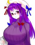  :&lt; alternate_costume bespectacled book bow breasts crescent glasses hair_bow han_(jackpot) hat huge_breasts large_breasts long_hair over-rim_glasses patchouli_knowledge pink_eyes purple_hair ribbed_sweater semi-rimless_glasses solo sweater touhou 