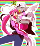 1girl :o angry belt bike_shorts boots carrying clenched_teeth cure_happy head_wings hoshizora_miyuki kasaki_takao long_hair magical_girl open_mouth pants pink_eyes pink_hair precure princess_carry sharp_teeth shorts_under_skirt smile_precure! striped striped_background tail tiara werewolf white_hair wolf_tail wolfrun 