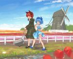  animal_ears ankle_socks blue_eyes blue_hair blue_sky bobby_socks bow braid cat_ears cirno closed_eyes cloud dango dress eating eyes_closed fence field flower food friends grass hair_bow highres kaenbyou_rin long_sleeves looking_at_another madaragi mary_janes multiple_girls no_socks panties pantyshot red_hair redhead rose shoes short_sleeves sky socks tears touhou twin_braids underwear wagashi walking water wheelbarrow windmill wings wiping_tears 