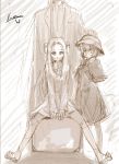  2girls barefoot_sandals bolt bolts capelet family father_and_daughter franken_fran glasgow_smile hand_on_head hat head_out_of_frame height_difference hoshinokaoru labcoat long_hair madaraki_fran madaraki_naomitsu madaraki_veronica monochrome multiple_girls pantyhose scar siblings sisters sitting sketch stitches young 