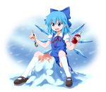  &gt;:) &gt;:d :d black_shoes blue_dress blue_eyes blue_hair bottle bow cirno detached_wings dress hair_bow holding holding_spoon ice kneehighs large_bow mary_janes open_mouth puffy_sleeves shoes sitting smile solo spoon syrup touhou tsurukou_(tksymkw) white_legwear 