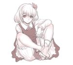  barefoot bloomers feet hair_ribbon kuro_suto_sukii monochrome pink pink_eyes red_eyes ribbon rumia short_hair single_sock sitting sketch smile socks soles solo the_embodiment_of_scarlet_devil toes touhou youkai 