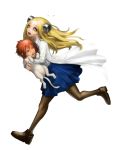  absurdres black_legwear blonde_hair bolt bolts boots carrying cat csddong franken_fran glasgow_smile highres labcoat long_hair madaraki_fran odibil okita_(frankenfran) pantyhose pleated_skirt running scar simple_background skirt stitches white_background yellow_eyes 