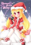  blonde_hair christmas gift gloves hat holding long_hair nakuru original red_eyes santa_hat solo 