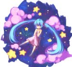  alternate_costume aqua_eyes aqua_hair ayakashi_(monkeypanch) bad_id bare_shoulders barefoot cloud dress feet hair_ribbon hatsune_miku highres long_hair ribbon solo star twintails very_long_hair vocaloid 