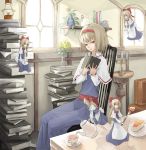  akira0171 alice_margatroid blonde_hair blue_eyes book book_stack bow cake candle cup doll dress flower food hair_bow hairband lamp long_hair open_mouth plate ribbon saucer shanghai shanghai_doll short_hair solo teacup teapot touhou vase window 