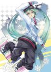  alternate_costume aqua_eyes aqua_hair boots goggles goggles_on_head hatsune_miku jacket kibamigohann long_hair looking_at_viewer mittens parted_lips snowboard snowflakes solo twintails very_long_hair vocaloid 