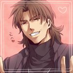  bangs brown_eyes brown_hair cassock close-up coat double_v fate/stay_night fate_(series) grin heart kotomine_kirei male mullet parted_bangs smile solo v zihad 