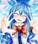  blue_hair blush closed_eyes cloud double_v dress eyes_closed giorgio_claes highres hinanawi_tenshi long_hair no_hat no_headwear open_mouth petals sky smile solo touhou v 