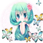  blush butterfly doily flower green_hair hair_flower hair_ornament hatsune_miku long_hair meiya_neon smile solo very_long_hair vocaloid 