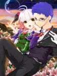  1boy 1girl :o alternate_costume blue_eyes blue_hair couple duplicate flower formal glasses hat hubert_ozwell kamihara_yuu lily_(flower) multicolored_hair open_mouth pascal pink_rose planet red_hair redhead rose short_hair suit tales_of_(series) tales_of_graces two-tone_hair white_hair yellow_eyes 
