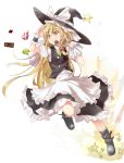  blonde_hair braid candle chocolate colored_eyelashes efe hat heart kirisame_marisa long_hair mouth_hold running sack shading_eyes simple_background single_braid solo standing_on_one_leg star touhou valentine witch witch_hat 