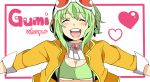  bad_id blush chatubo goggles goggles_on_head green_hair gumi headphones heart jacket megpoid_(vocaloid3) open_mouth short_hair smile solo suspenders vocaloid 