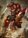  building debris dutch_angle embers energy_sword english explosion fire ground_shatter holding mecha no_humans original rettag running shield signature sky skyscraper smoke solo sword turning vehicle weapon 