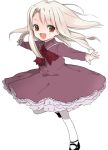  bow child fate/zero fate_(series) illyasviel_von_einzbern long_hair mary_janes open_mouth pantyhose pypyxx red_eyes running shoes simple_background solo white_background white_hair white_legwear young 