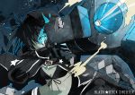  arm_cannon bikini_top black_hair black_rock_shooter black_rock_shooter_(character) blue_eyes cannon character_name coat foreshortening hair_over_one_eye hood long_hair looking_at_viewer marcey midriff pale_skin solo twintails weapon 