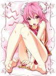  bandage bandages bare_legs barefoot breasts double_bun feet ibara_kasen ibaraki_kasen legs long_toenails naked_tabard noumin pink_eyes pink_hair short_hair sideboob solo tabard toenails toes touhou 