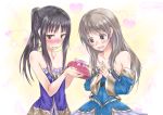  atelier_(series) atelier_meruru atelier_totori bare_shoulders black_hair blush brown_eyes brown_hair detached_sleeves dress female happy heart kyoukya_(kyouya02) long_hair mimi_houllier_von_schwarzlang multiple_girls open_mouth ponytail shy smile strapless sweat sweatdrop totooria_helmold valentine yuri 