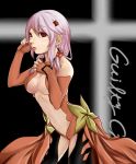  1girl bare_shoulders black_legwear breasts center_opening cleavage detached_sleeves elbow_gloves fingerless_gloves gloves guilty_crown hair_ornament hairclip hand_on_own_chest long_hair looking_at_viewer navel open_mouth pink_hair red_eyes solo thigh-highs twintails yuzuriha_inori 