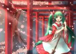  :d broom green_eyes green_hair hatsune_miku japanese_clothes long_hair miko mushiboy open_mouth smile solo sunbeam sunlight torii twintails very_long_hair vocaloid 