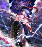  black_legwear blue_hair breasts cloud hat highres lightning long_skirt nagae_iku pantyhose pointing red_eyes short_hair skirt solo torn_clothes torn_legwear torn_pantyhose torn_skirt touhou umigarasu_(kitsune1963) 