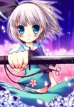  blush konpaku_youmu looking_at_viewer meiya_neon short_hair silver_hair solo sword touhou weapon 