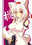  animal_ears bare_shoulders between_legs blush breasts bridal_gauntlets detached_sleeves hat highres impossible_clothes impossible_clothing impossible_shirt inubashiri_momiji large_breasts looking_at_viewer red_eyes sayossa_(pak-front) short_hair silver_hair simple_background smile solo tail tail_between_legs tail_fondling tokin_hat touhou wide_sleeves wolf_ears wolf_tail 