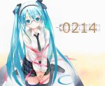  aqua_eyes aqua_hair bdsm bespectacled bondage character_name glasses h016 hands_clasped hatsune_miku kneeling long_hair necktie ribbon skirt smile solo thigh-highs thighhighs twintails very_long_hair vocaloid 