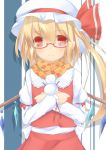  :3 bespectacled blonde_hair bow flandre_scarlet glasses hat hat_bow highres red_eyes sakurea scarf short_hair side_ponytail snowman solo the_embodiment_of_scarlet_devil touhou wings 