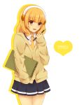  aco_(brcl97) blonde_hair brown_eyes cardigan character_name hairband kise_yayoi necktie pencil precure school_uniform short_hair shy sketchbook smile_precure! solo tears white_background 
