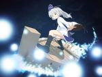  blue_background boat boots fan grey_eyes grey_hair grin hat high_collar highres japanese_clothes jean0503 knee_boots light_particles long_sleeves looking_at_viewer mononobe_no_futo open_hands perspective pom_pom_(clothes) pom_pom_(clothing) ribbon short_hair side_ponytail smile solo surfing tate_eboshi teeth touhou wide_sleeves 