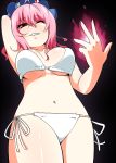  arm_behind_head arm_up bikini breasts flame hat mattari_yufi navel pink_hair red_eyes saigyouji_yuyuko short_hair side-tie_bikini smile solo swimsuit touhou under_boob underboob white_bikini wink 