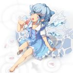  arm_support barefoot blue_eyes blue_hair bow breasts cirno dress feet food full_body gpbeta hair_bow hair_ornament highres ice_cream multicolored_eyes open_mouth petals ribbon short_hair solo tongue tongue_out touhou water wings 