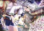  blush cherry_blossoms flower grey_eyes grey_hair hajike_akira hat japanese_clothes kariginu lantern mononobe_no_futo ofuda petals rope shide shrine skirt solo tate_eboshi touhou 