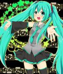  aqua_eyes aqua_hair detached_sleeves hatsune_miku headphones highres long_hair looking_at_viewer multiple_girls musical_note ochazuke open_mouth outstretched_arms singing skirt smile solo spread_arms thigh-highs thighhighs twintails very_long_hair vocaloid zettai_ryouiki 