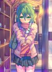  ahoge alternate_costume bag blush box building cardigan daito door fence floor frog_hair_ornament gift gift_box giving green_eyes green_hair hair_ornament hair_tubes holding kochiya_sanae long_hair looking_at_viewer outstretched_arm scarf scarf_over_mouth school_bag school_uniform shelf shirt shoulder_bag shy signpost skirt snake solo standing sunset touhou tree twilight valentine 