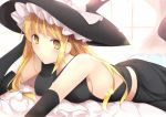  :&lt; alternate_costume bangs bare_back bare_shoulders black_gloves blonde_hair blue blush bow breast_rest breasts brown_eyes daiaru elbow_gloves erect_nipples gloves hair_bow hat hat_bow kirisame_marisa large_breasts leg_up long_hair looking_at_viewer lying no_bra on_bed on_stomach sideboob solo touhou witch witch_hat yellow_eyes 