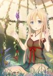  armlet blonde_hair blue_eyes blurry blush breasts butterfly chemise cleavage depth_of_field flower grass open_mouth original shiva_(executor) sitting solo strap_slip wariza 