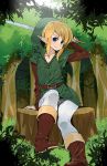  androgynous belt blonde_hair blue_eyes boots forest hat link male nature pointy_ears sitting sword the_legend_of_zelda tunic weapon 