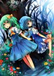  anthiea ascot bad_id barefoot blue_eyes blue_hair bow cirno daiyousei dress dress_shirt dutch_angle fairy_wars feet_in_water flower green_eyes green_hair hair_bow leaf light_particles looking_away multiple_girls open_hand open_mouth ribbon rose shirt short_hair side_ponytail sitting skirt soaking_feet standing touhou tree vest water wings 