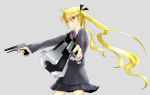  1girl artist_request blazer blonde_hair blue_eyes dual_wielding foreshortening gun hair_ribbon handgun highres kill_me_baby long_hair necktie pistol ribbon school_uniform skirt solo sonya_(kill_me_baby) twintails weapon 